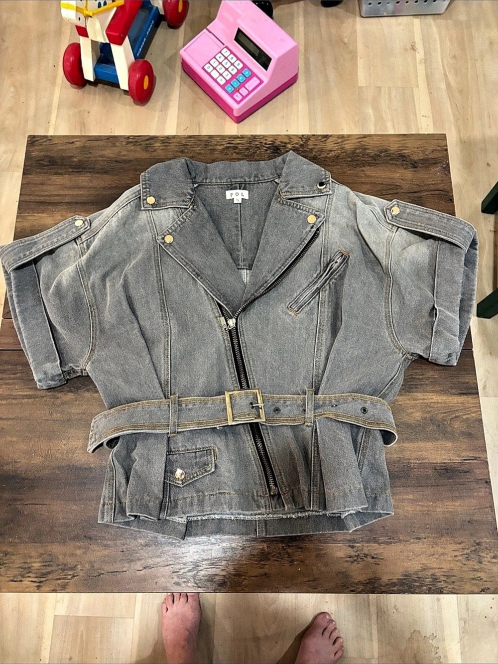 POL Gray Belted Moto Denim Jacket Small NWOT29